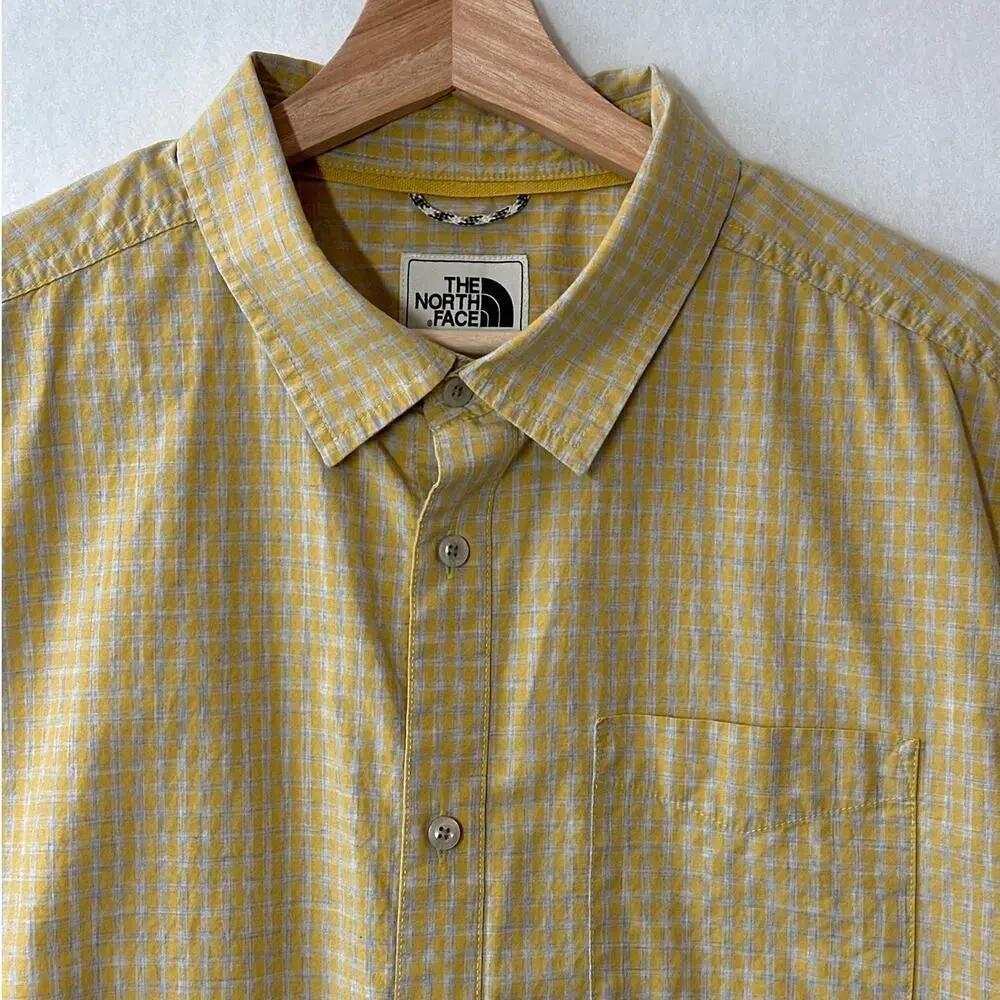 The North Face A3G4C Button Up Shirt XL Yellow Gray Check Cotton Short Sleeve XL